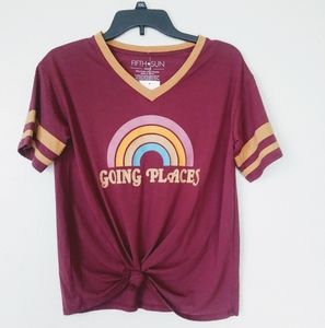 70's style. maroon graphic t-shirt going places